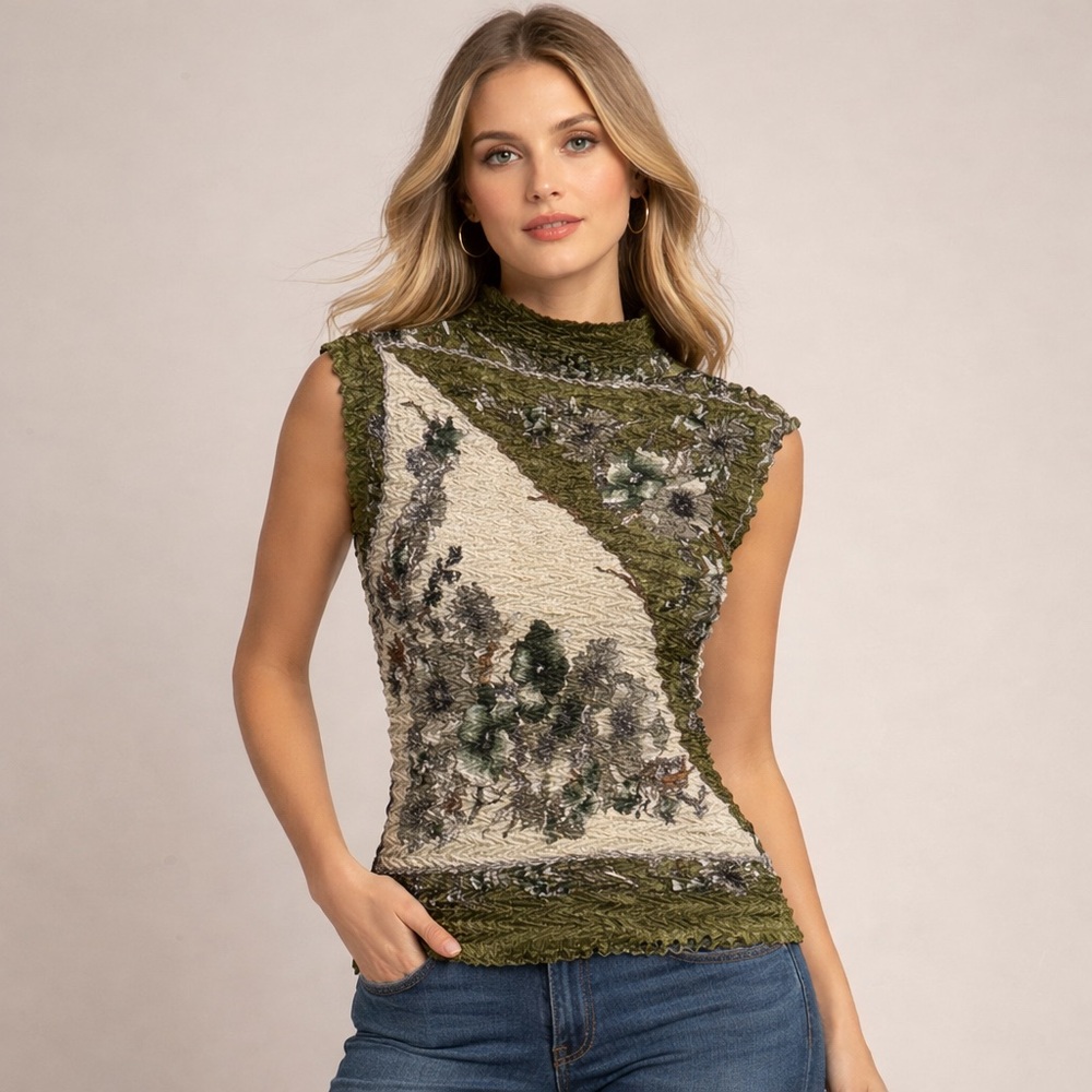 Paris Textured Crinkle Mock Neck Stretch Top Olive Green Floral